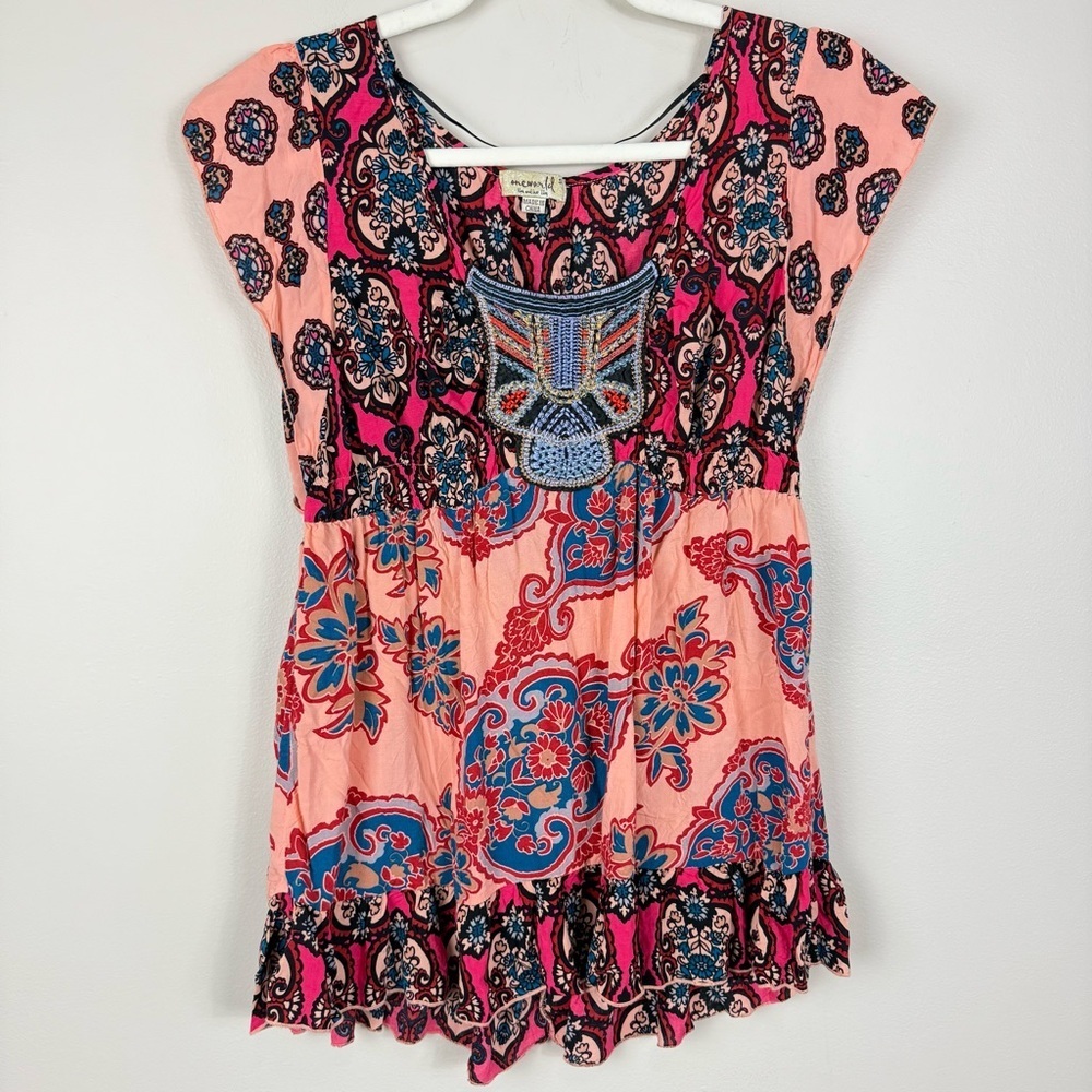 One World Boho Top Womens Small Pink Blue Paisley Floral Embroidered Blouse